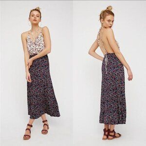 Free People Ivory Purple Pink Floral Print Halter Open Back True Love Maxi Dress
